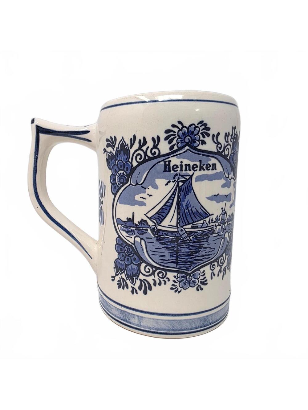 Vintage Heineken Delft Blue Beer Stein Hand Painted Holland Sailboat Mug